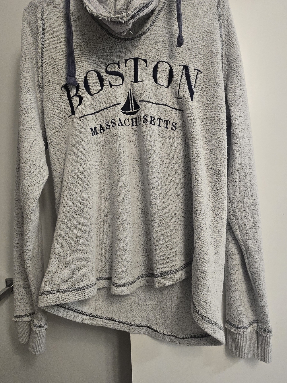 Vintage Bay State Gear Boston Mass Hooded Sweatshirt Light Gray with Navy Print